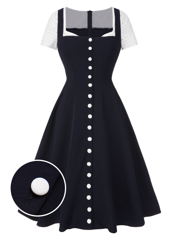 [Prévente] Robe boutonnée bleu marine brodée patchwork années 1950