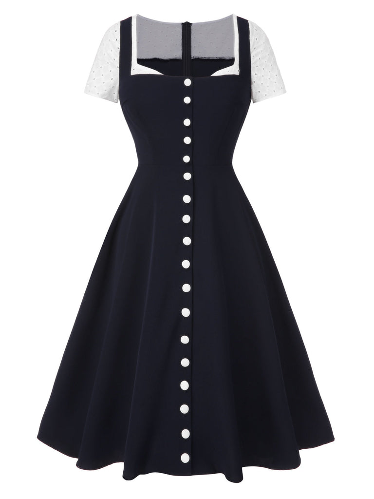 [Prévente] Robe boutonnée bleu marine brodée patchwork années 1950