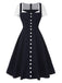 [Prévente] Robe boutonnée bleu marine brodée patchwork années 1950