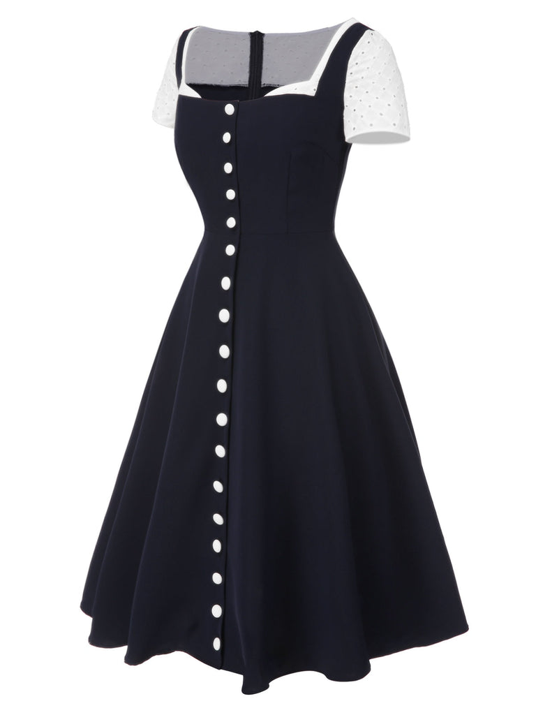 [Prévente] Robe boutonnée bleu marine brodée patchwork années 1950