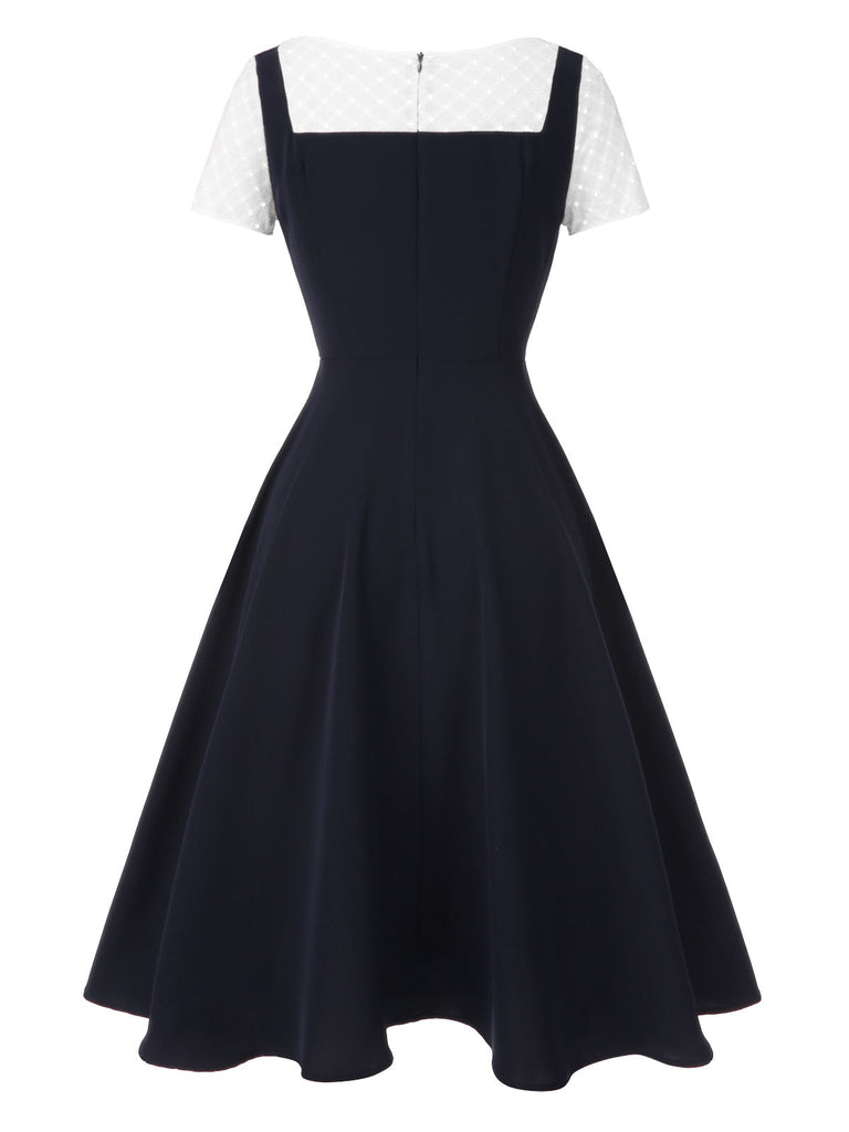 [Prévente] Robe boutonnée bleu marine brodée patchwork années 1950