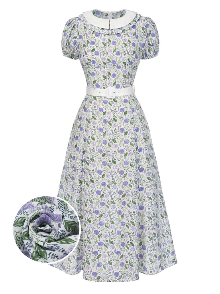 [Prévente] Robe col claudine roses froncé lavande années 1940