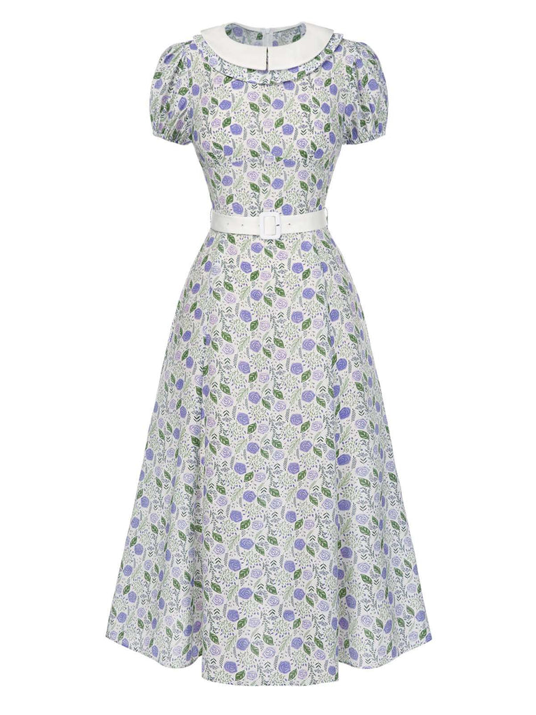 [Prévente] Robe col claudine roses froncé lavande années 1940