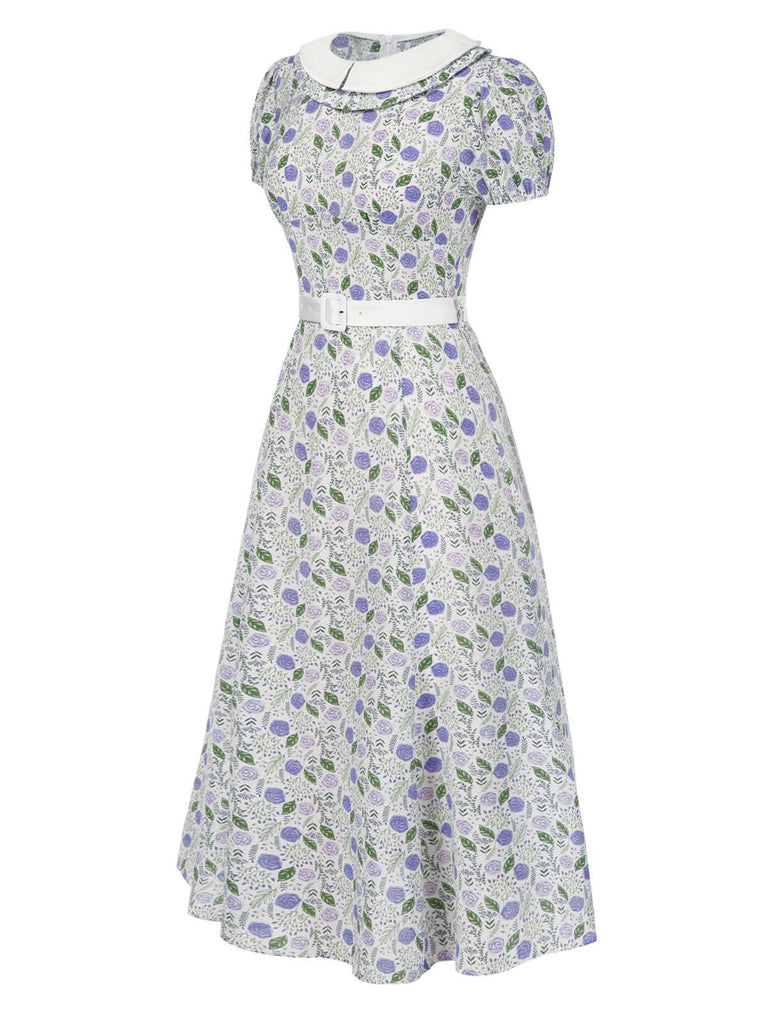 [Prévente] Robe col claudine roses froncé lavande années 1940