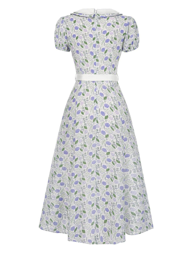 [Prévente] Robe col claudine roses froncé lavande années 1940