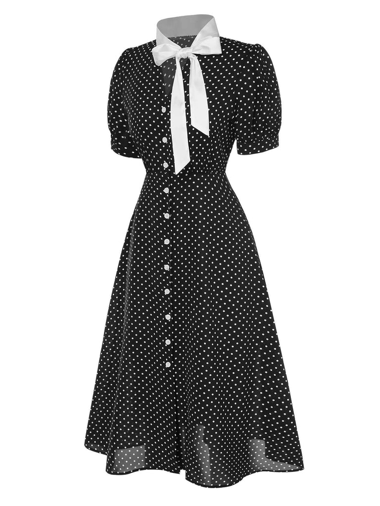 Robe noire à pois et col noué des années 40