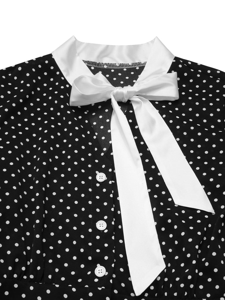 Robe noire à pois et col noué des années 40