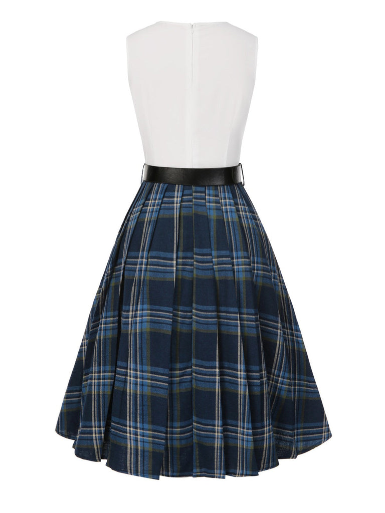 [Prévente] Robe plissée à volants carreaux patchwork bleu foncé des années 1950
