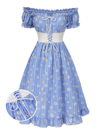Robe bleue à carreaux épaules dénudées années 1950