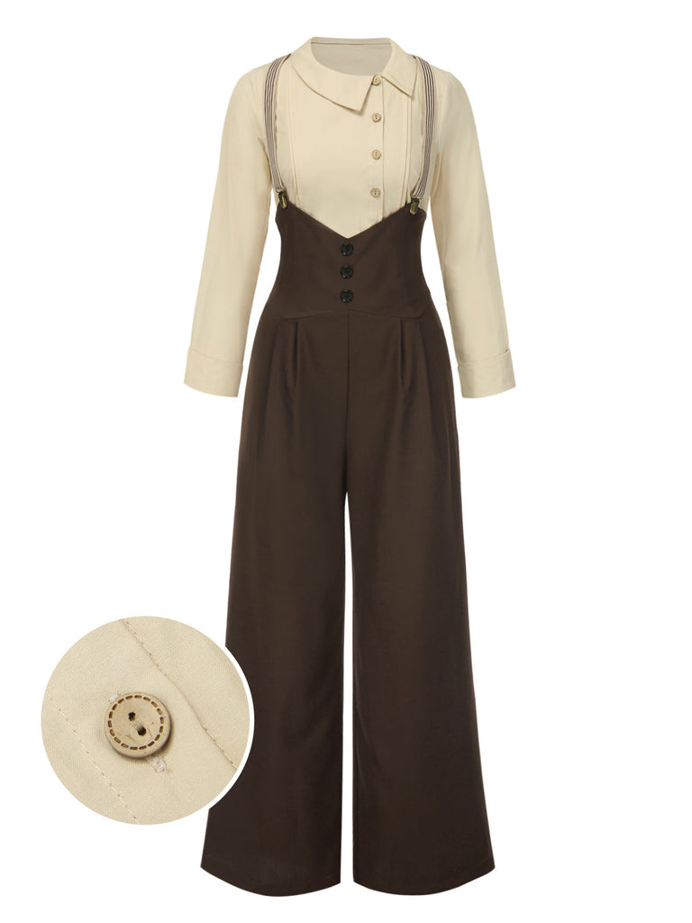 [Prévente] Ensemble chemisier coton et pantalon bretelles années 1930