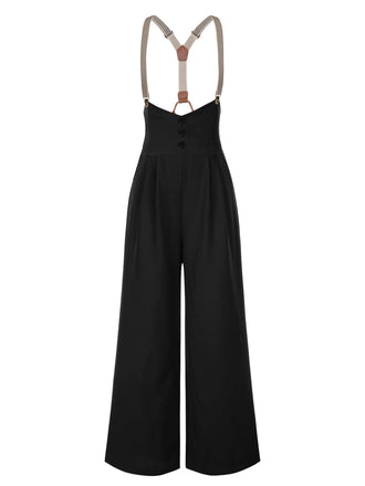 Pantalon à bretelles noire à bretelles boutonné années 1950
