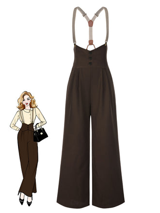 Pantalon à bretelles marron foncé à bretelles boutonné années 1950