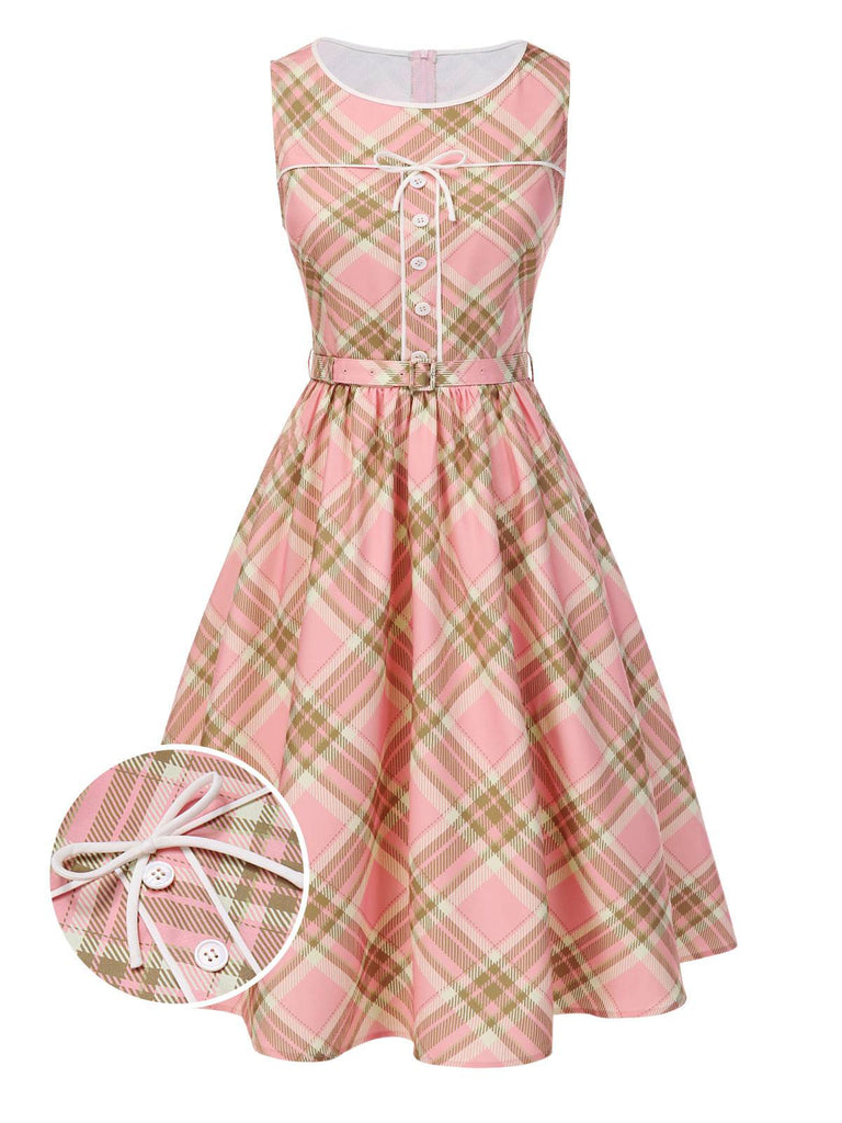 [Prévente] Robe rose à carreaux tartan avec nœud et ceinture années 1950