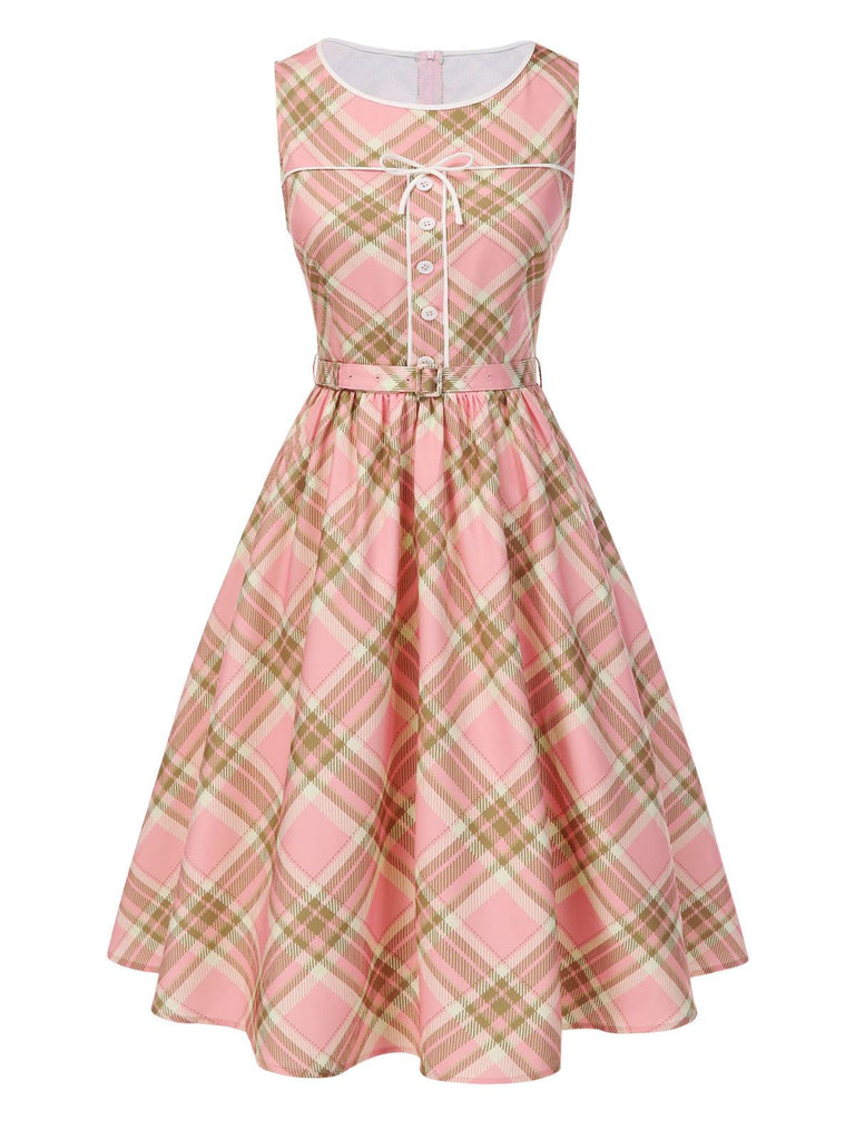 [Prévente] Robe rose à carreaux tartan avec nœud et ceinture années 1950