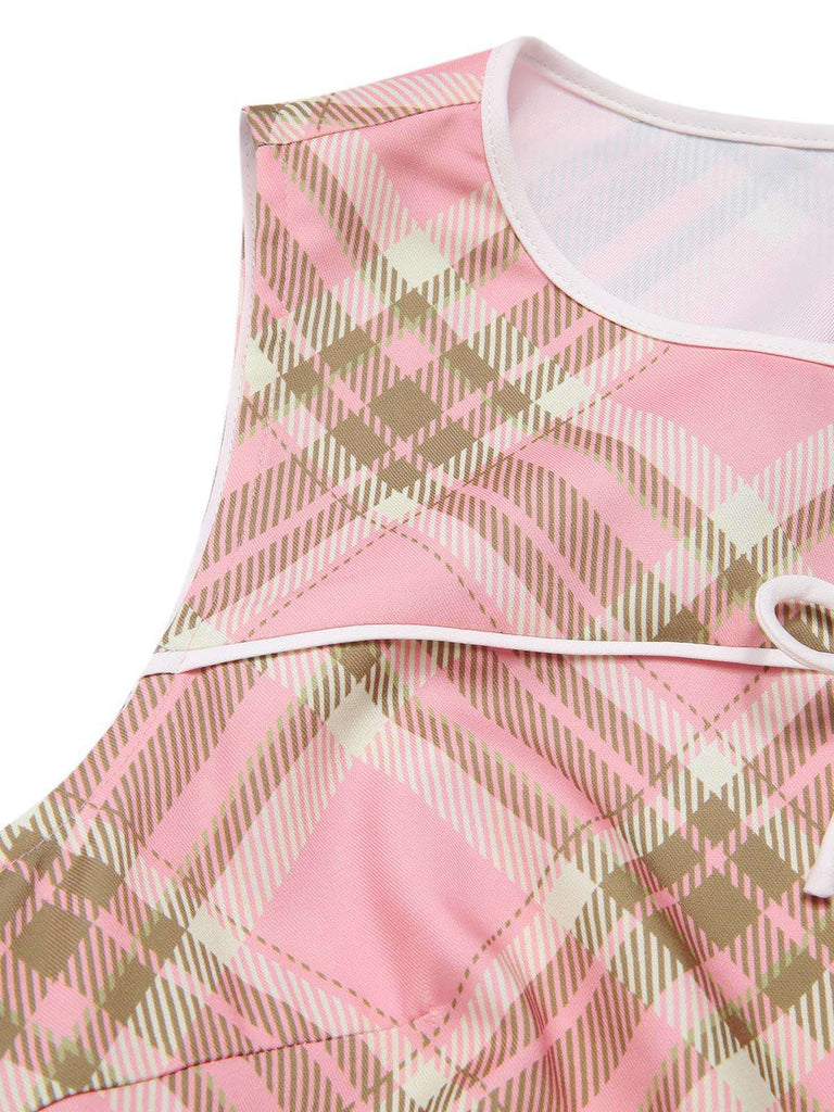 [Prévente] Robe rose à carreaux tartan avec nœud et ceinture années 1950