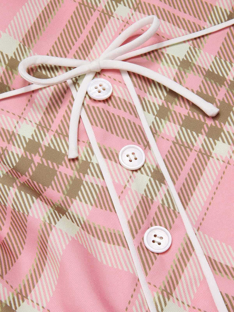 [Prévente] Robe rose à carreaux tartan avec nœud et ceinture années 1950
