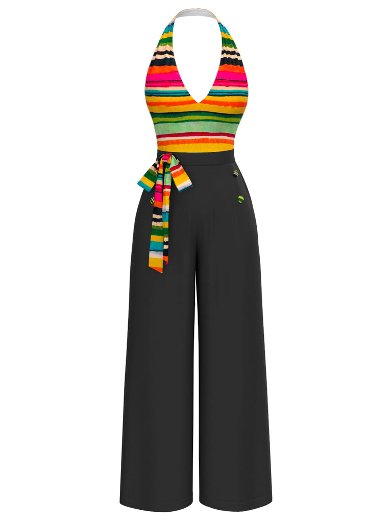 Combinaison multicolore à licou à rayures nœud années 1970
