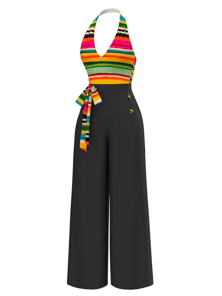 Combinaison multicolore à licou à rayures nœud années 1970