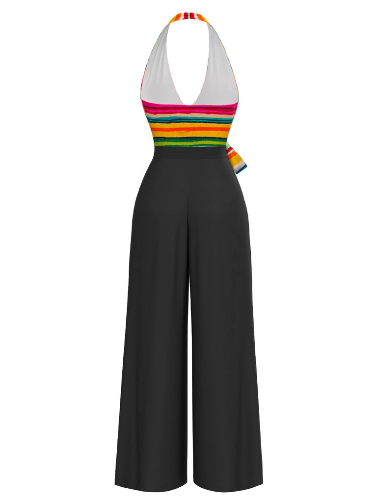 Combinaison multicolore à licou à rayures nœud années 1970