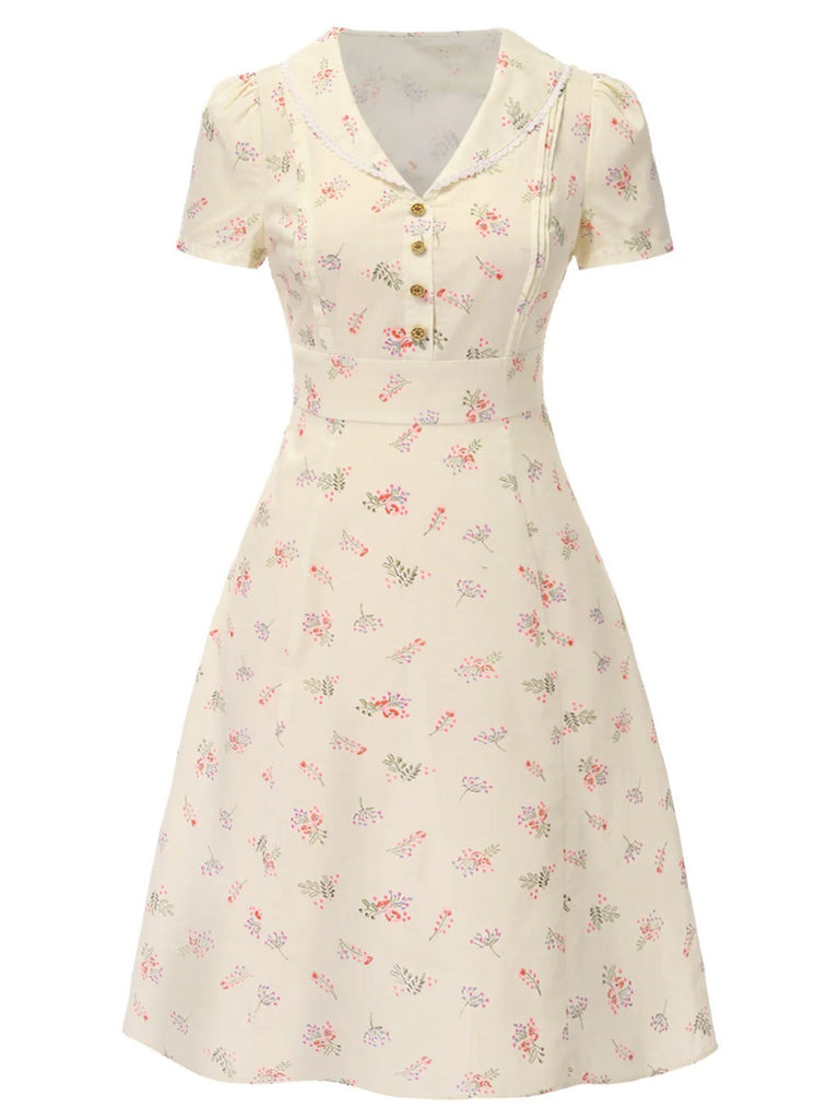 [Prévente] [Grande taille] Robe beige à manches bouffantes et revers fleuris des années 1940