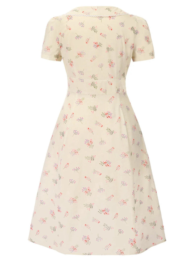 [Prévente] [Grande taille] Robe beige à manches bouffantes et revers fleuris des années 1940