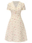 [Prévente] [Grande taille] Robe beige à manches bouffantes et revers fleuris des années 1940