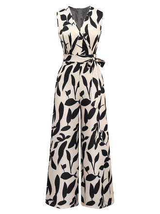 Combinaison beige col surplis motif silhouette de feuilles des années 1930