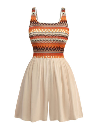 Combishort patchwork col carré style bohème abricot des années 1970