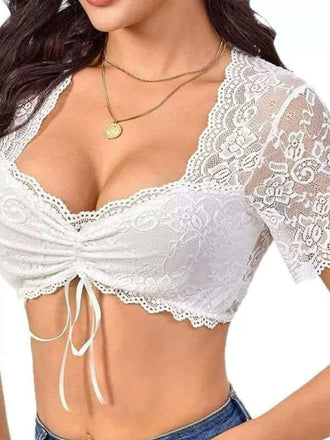 [Prévente] Haut court blanc en dentelle patchwork à nouer des années 1950
