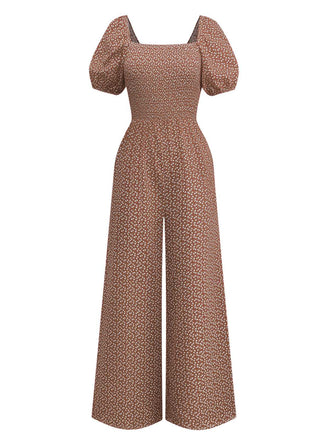 Combinaison bouffante col carré à petites fleurs des années 1950