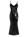 Robe noire à bretelles spaghetti et paillettes nouées dans le dos des années 1930