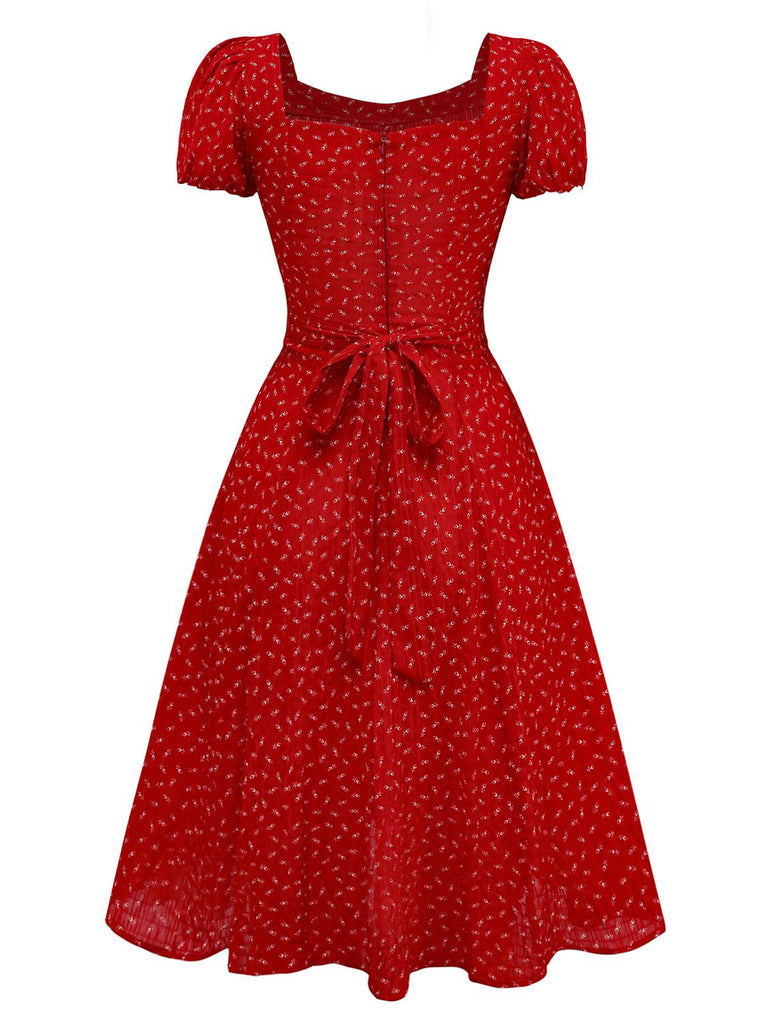 [Prévente] Robe rouge à volants manches bouffantes en dentelle florale des années 1940