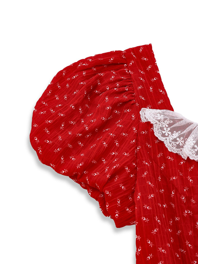 [Prévente] Robe rouge à volants manches bouffantes en dentelle florale des années 1940