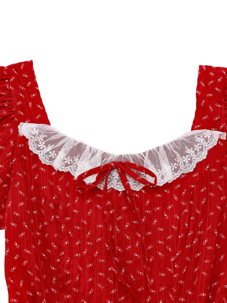 [Prévente] Robe rouge à volants manches bouffantes en dentelle florale des années 1940