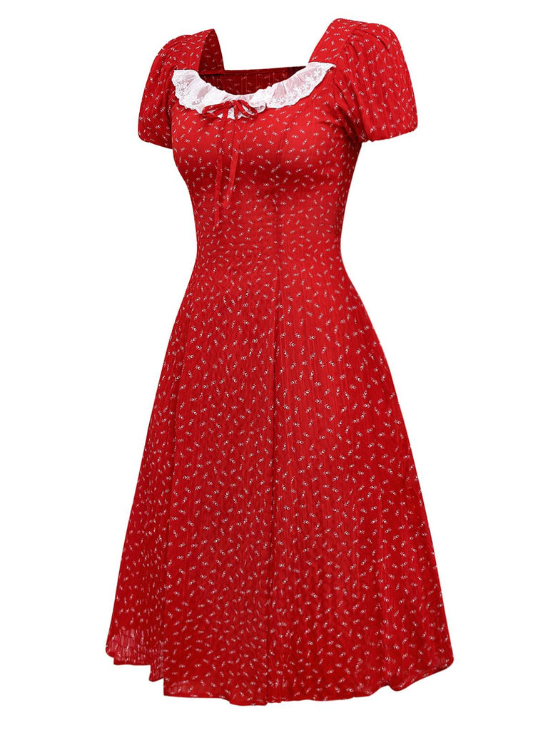 [Prévente] Robe rouge à volants manches bouffantes en dentelle florale des années 1940