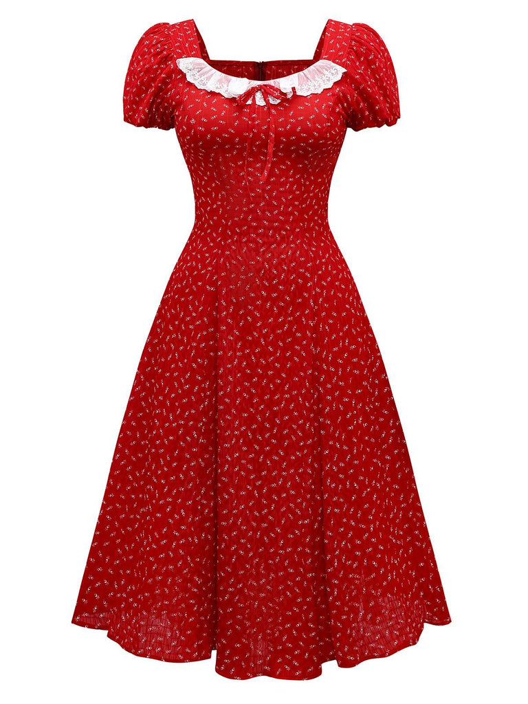 [Prévente] Robe rouge à volants manches bouffantes en dentelle florale des années 1940