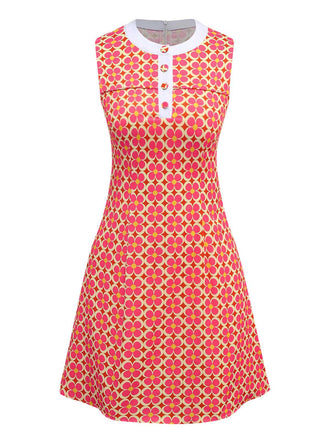 Robe orange imprimé fleurs contrastées boutonnée années 1960