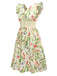 Robe jaune oiseaux et fleurs à volants années 1950