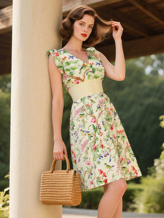 Robe jaune oiseaux et fleurs à volants années 1950