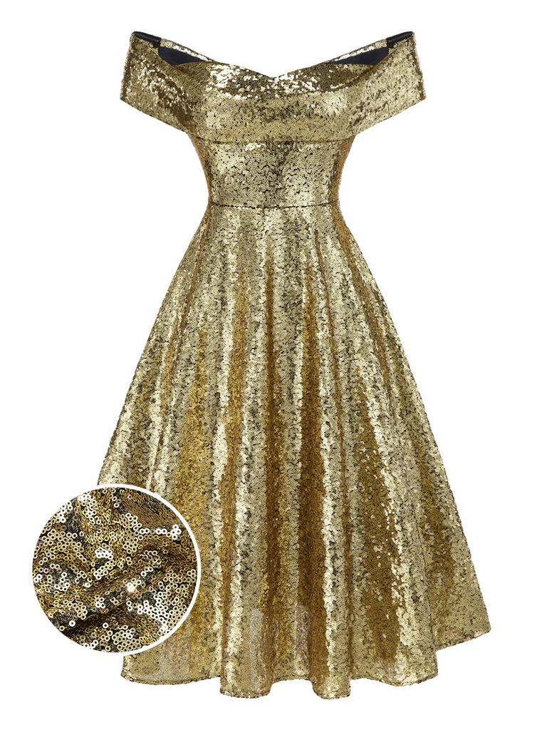 [Prévente] Robe dorée paillettes et épaules dénudées années 1950