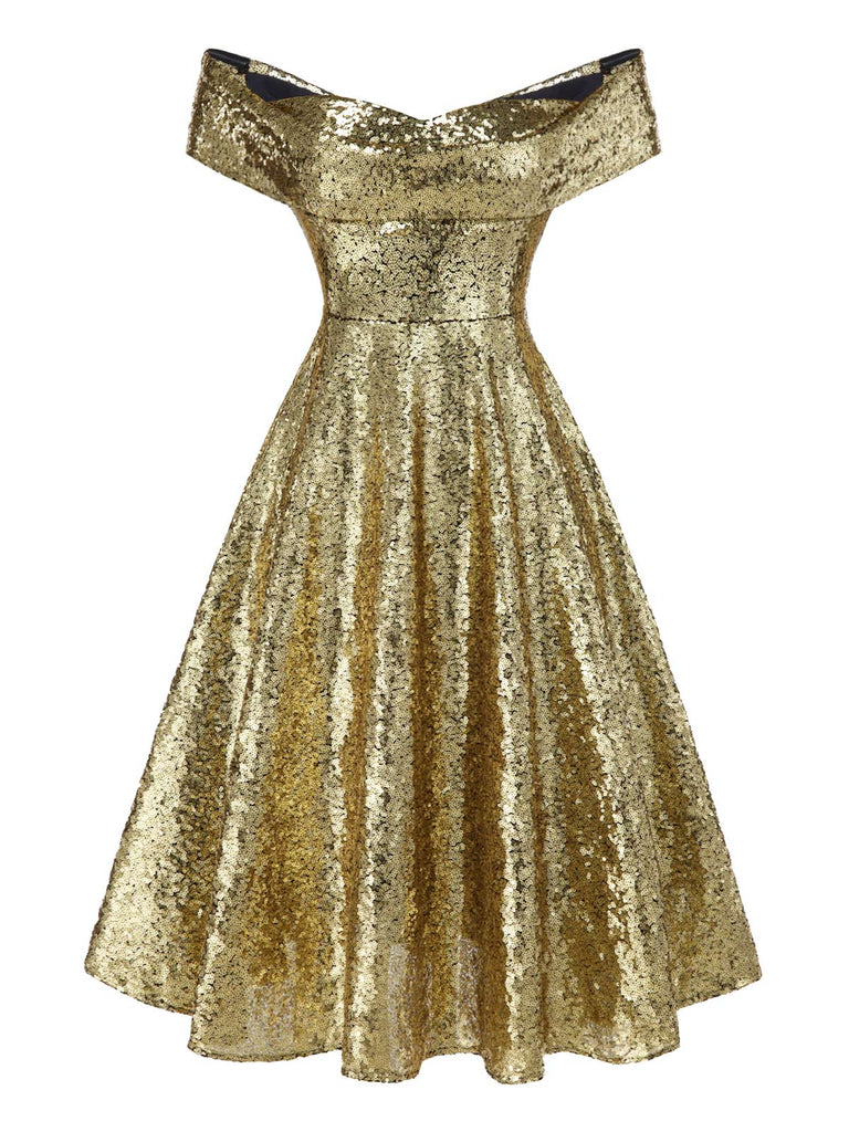 [Prévente] Robe dorée paillettes et épaules dénudées années 1950
