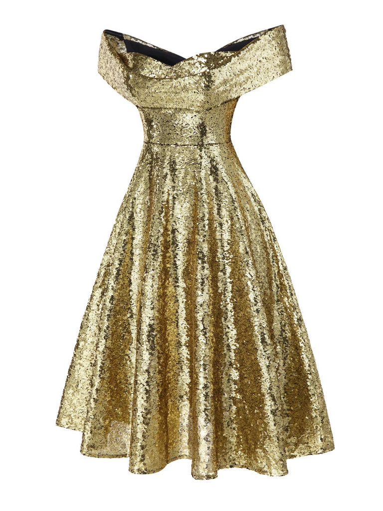 [Prévente] Robe dorée paillettes et épaules dénudées années 1950