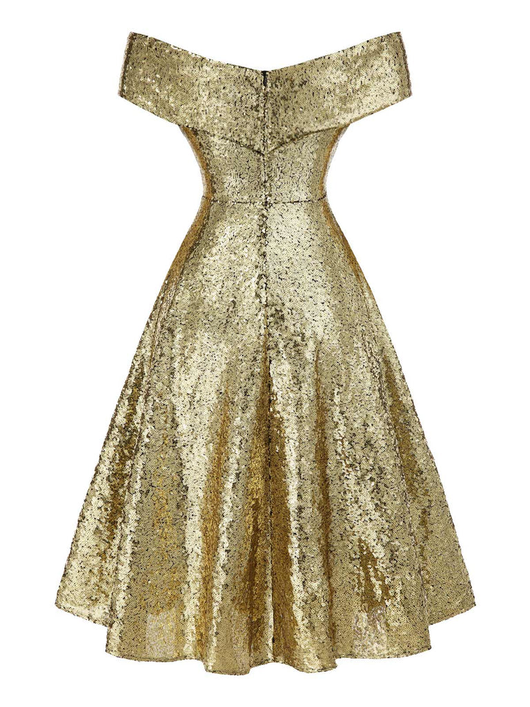 [Prévente] Robe dorée paillettes et épaules dénudées années 1950