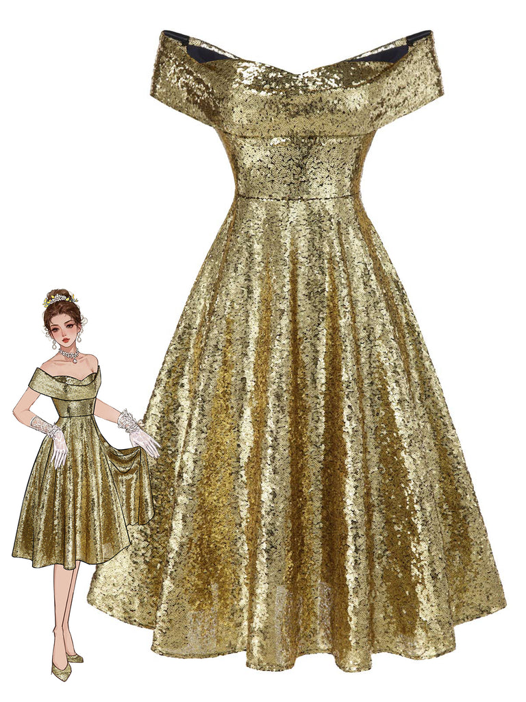 [Prévente] Robe dorée paillettes et épaules dénudées années 1950