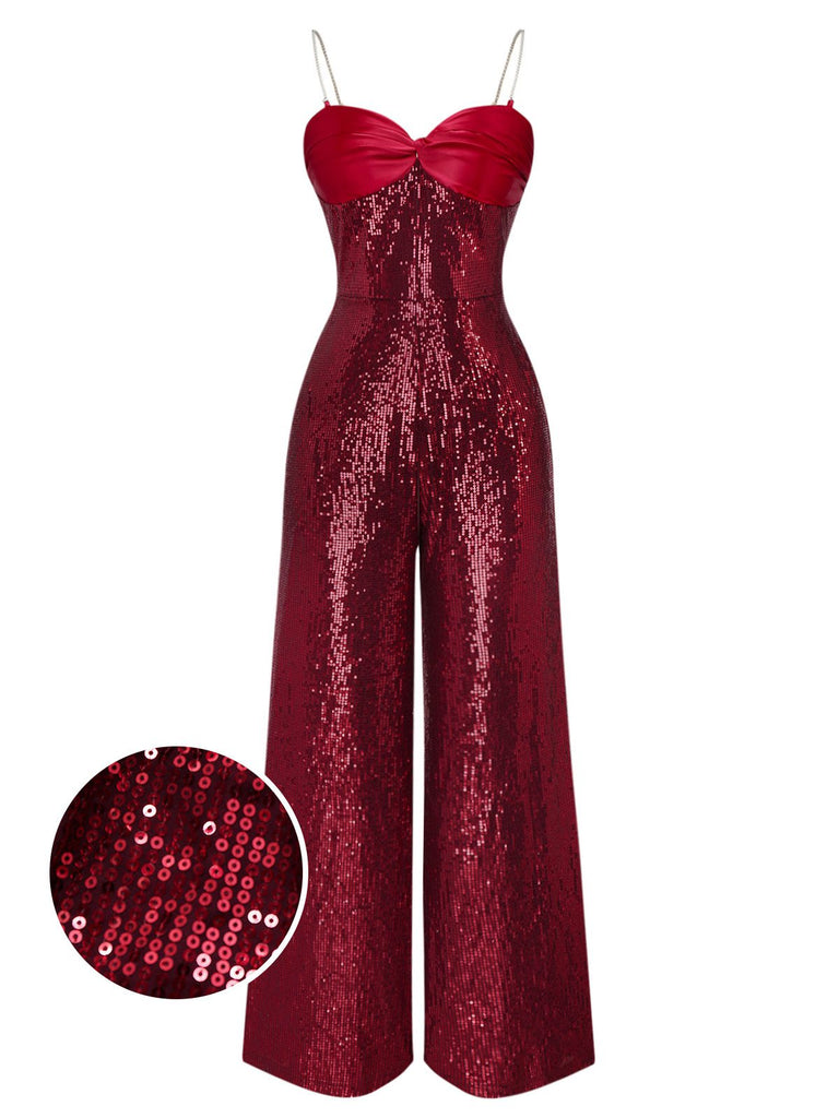 [Prévente] Combinaison rouge à paillettes à bretelles et nœud des années 1970