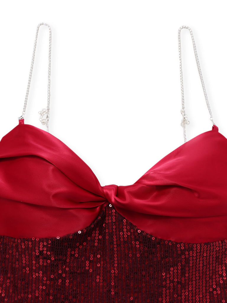 [Prévente] Combinaison rouge à paillettes à bretelles et nœud des années 1970