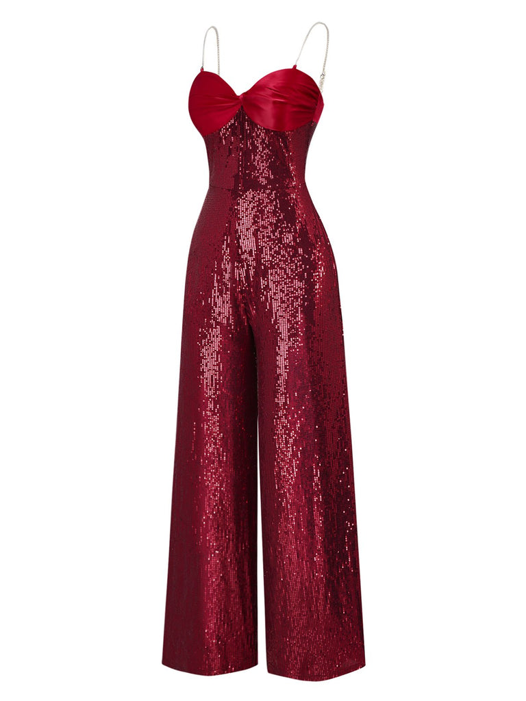 [Prévente] Combinaison rouge à paillettes à bretelles et nœud des années 1970