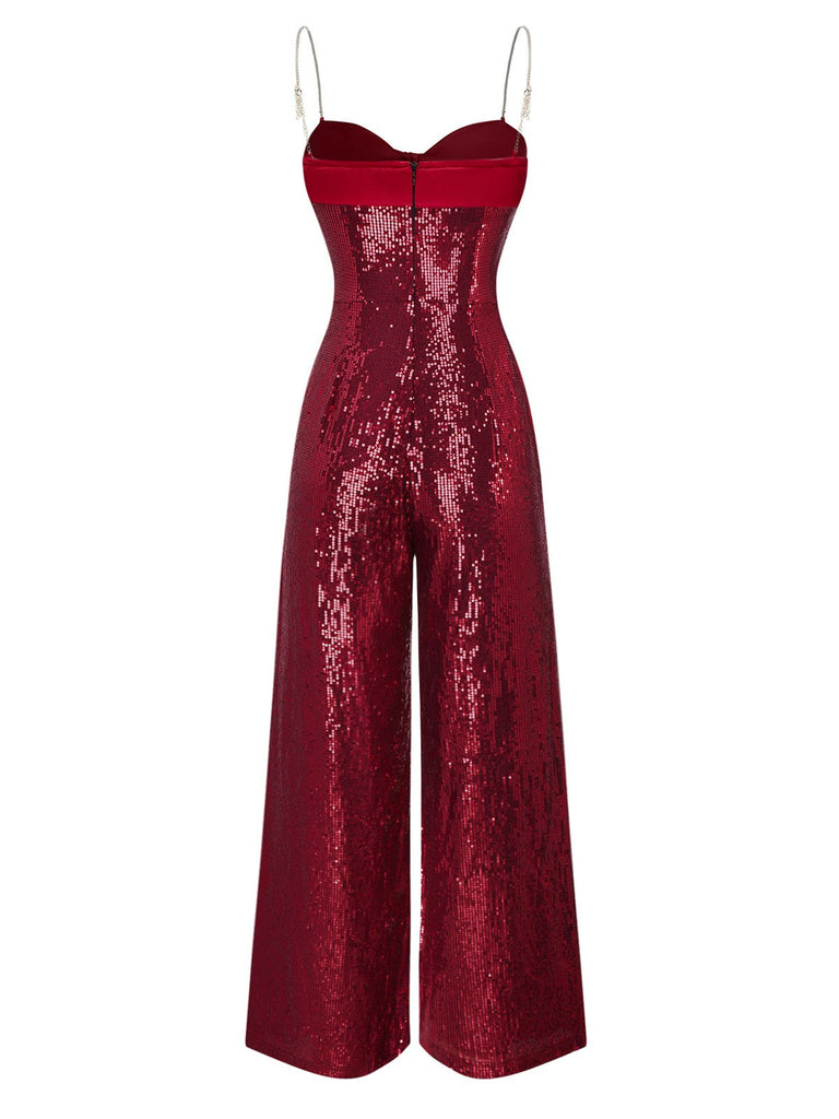 [Prévente] Combinaison rouge à paillettes à bretelles et nœud des années 1970