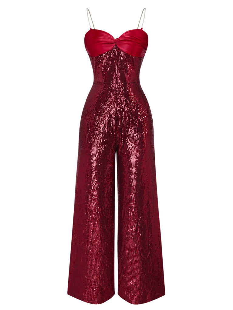[Prévente] Combinaison rouge à paillettes à bretelles et nœud des années 1970