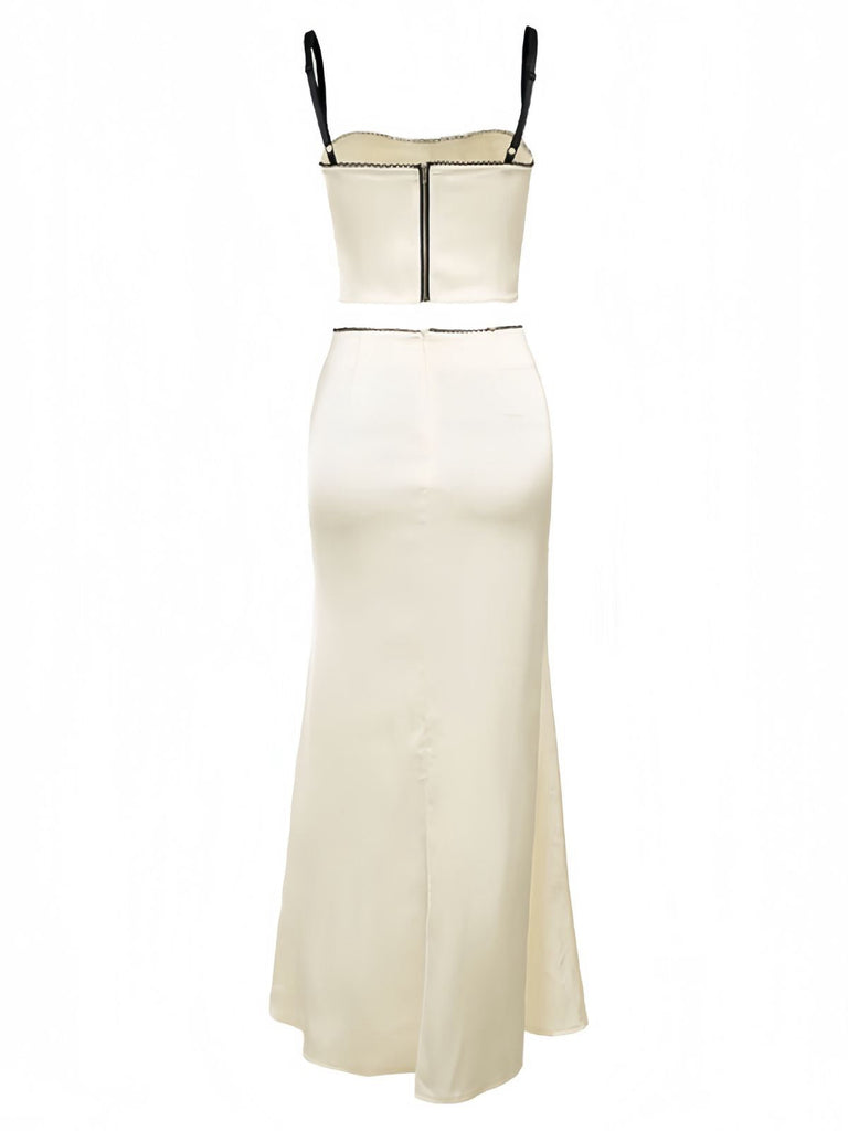 2PCS Haut à bretelles et nœud et jupe jaune années 1930